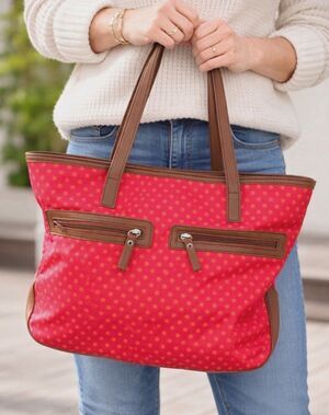 GAL Canvas Tote Bag Dark Pink Polka Dot Orange Brown Trim Zip Pocket